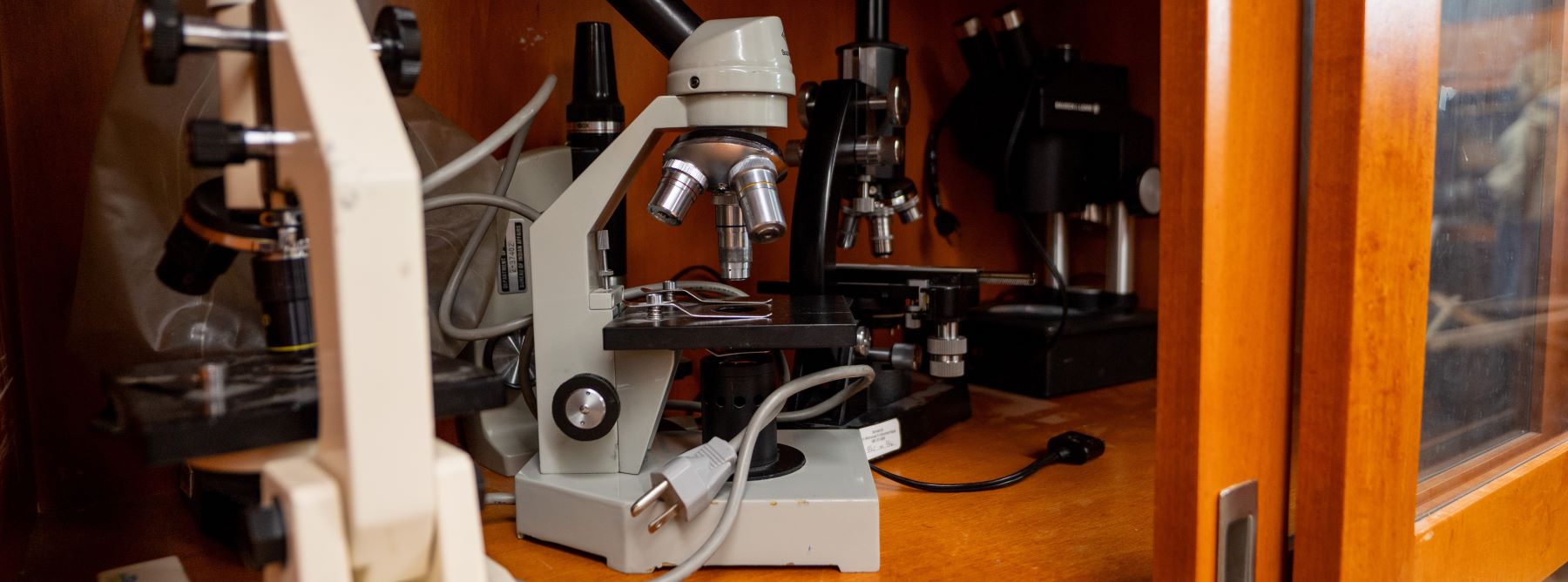 A microscope is positioned on top of a cabinet, showing its role in examining small specimens closely.