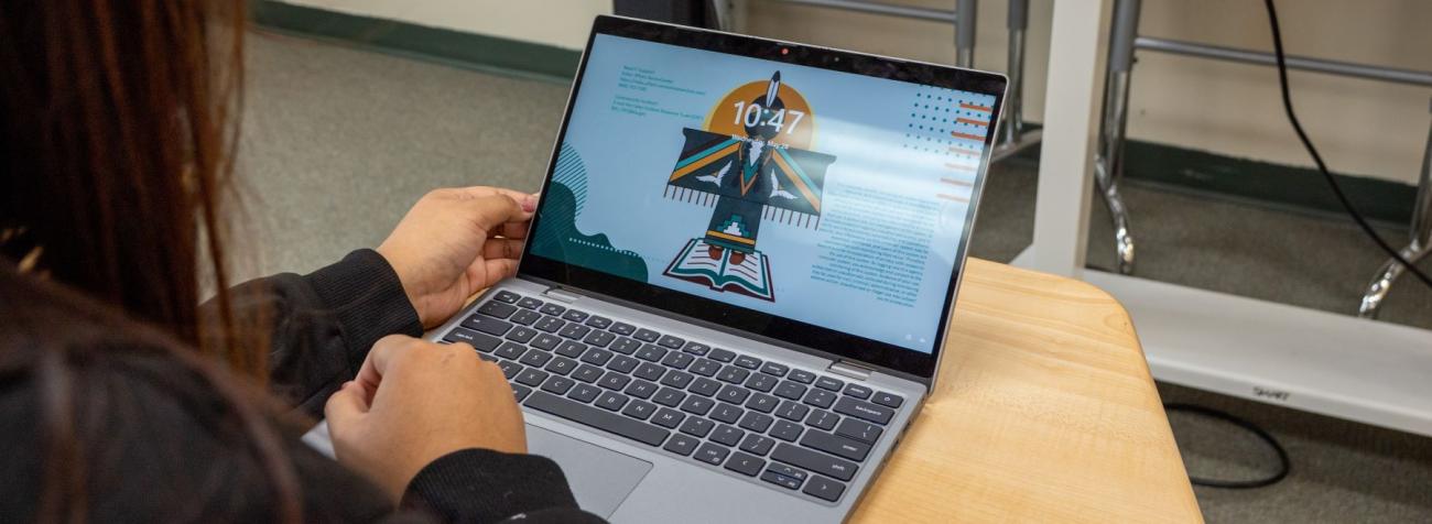 Student sitting at their desk focusing on the laptop screen.